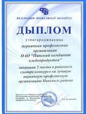 Диплом. За 2-е место  на лучшую первичную профсоюзную организацию Пинского района.